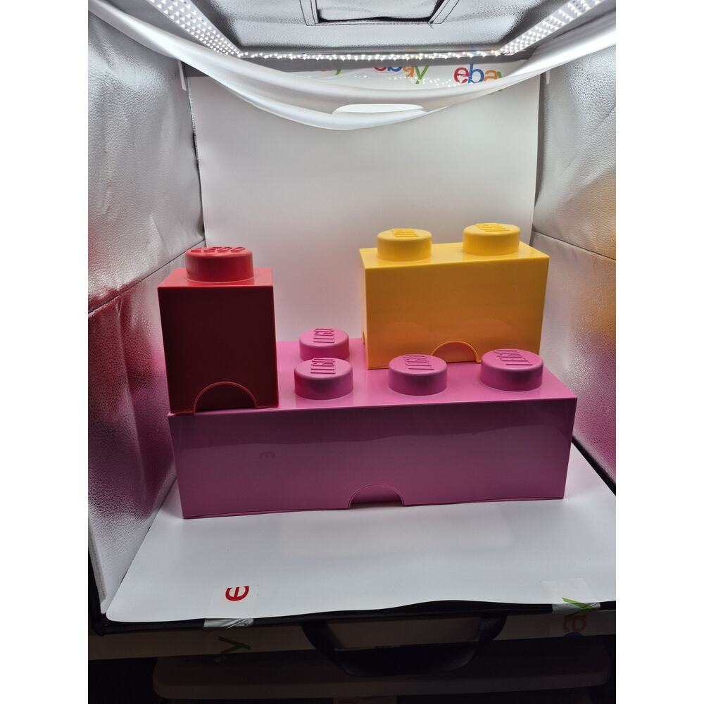 Lot of 3 Lego Storage Box Pink 8 Stud, Yellow 2 Stud, and Red 1 Stud Boxes 2012